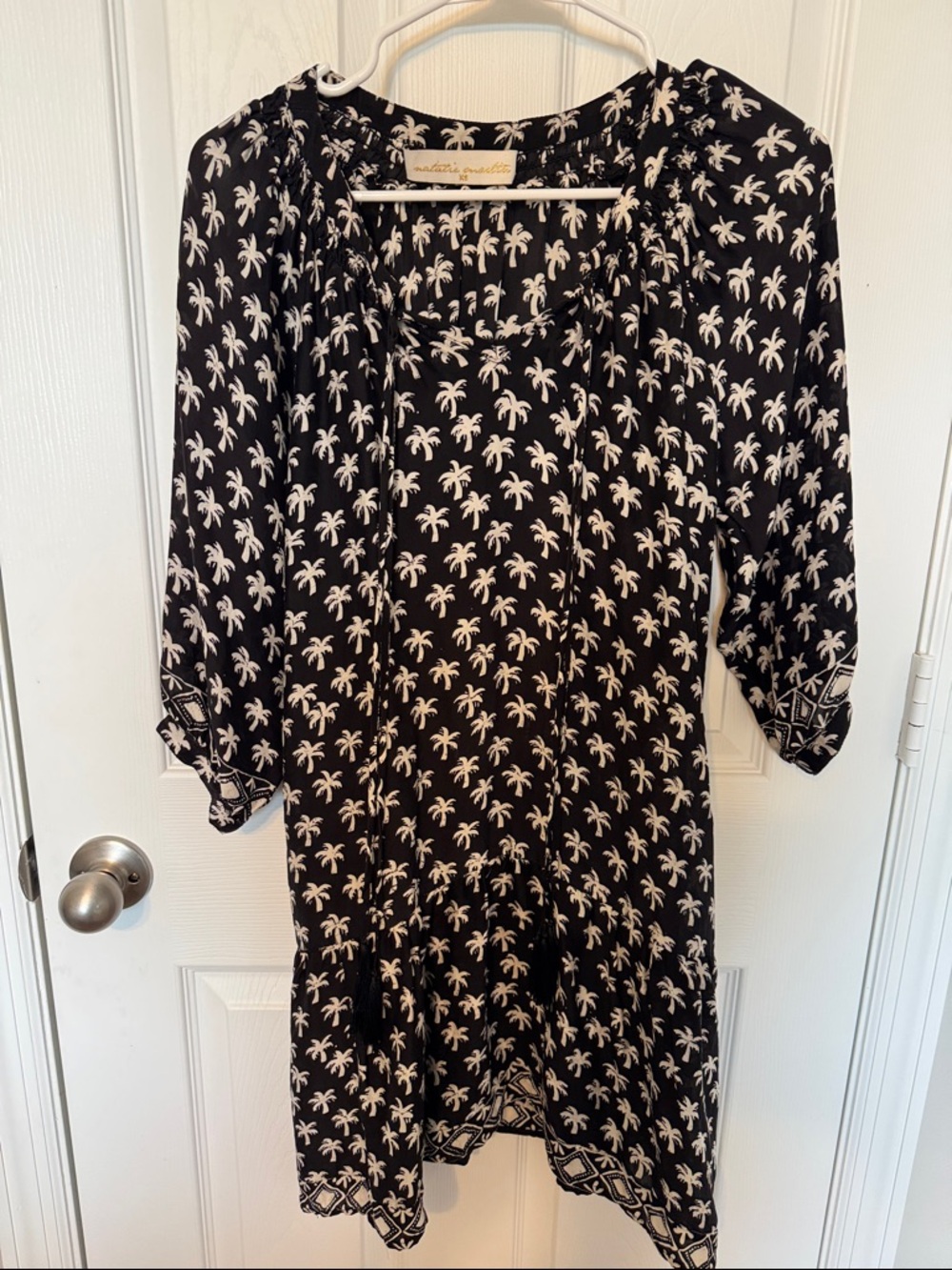 Natalie Martin XS Black Palm Print Boho Mini Dress Tassel Tie Neck